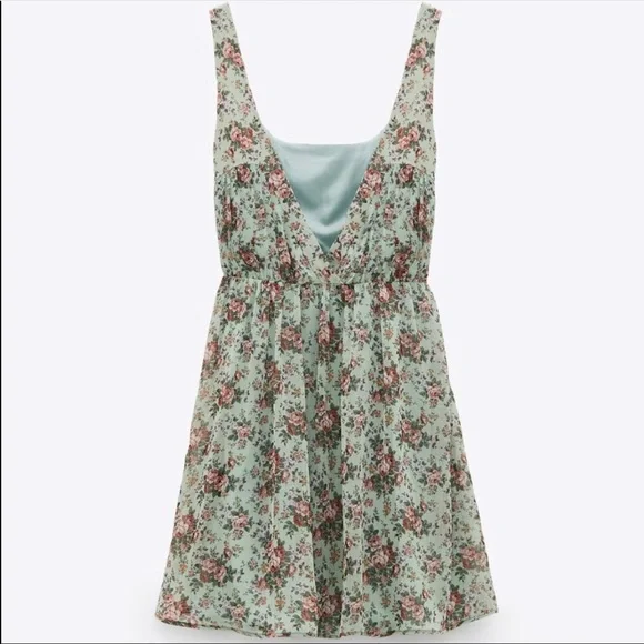 New Zara Floral Dress Green S - Picture 3 of 9